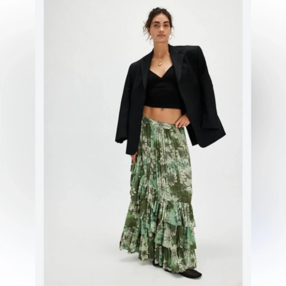 FREE PEOPLE MARIETTA MAXI SKIRT IN GREEN COMBO NEW